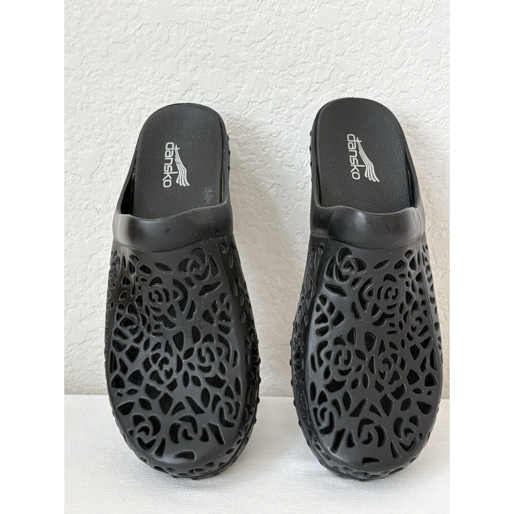 Dansko Pippa Clogs Black Floral Cutout Rubber Slip On Mules Women's EU 40 US 9.5